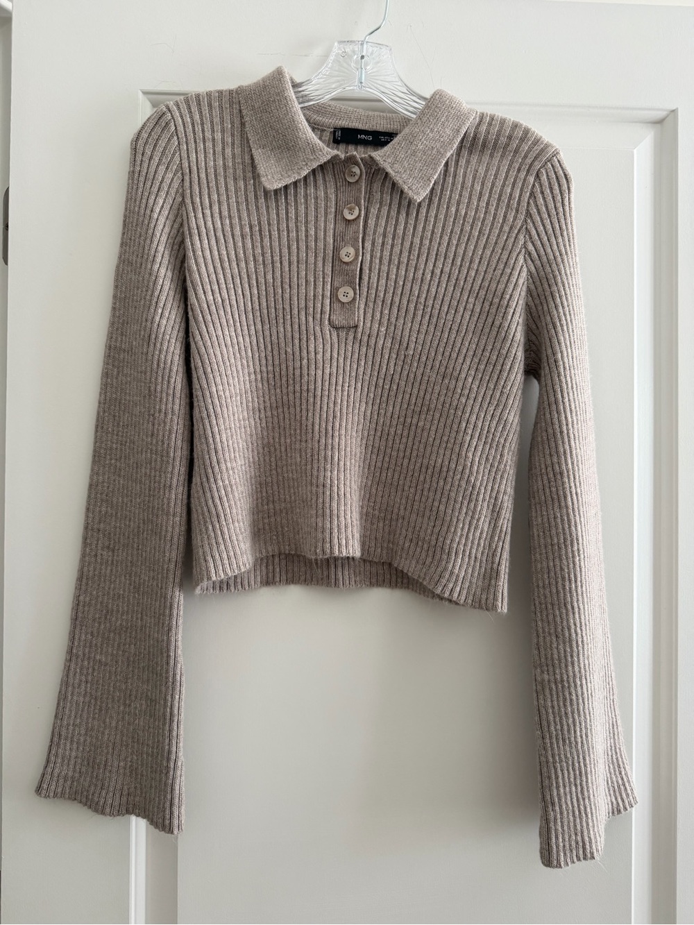 Mango Cropped Ribbed Polo Knit Top - Taupe Beige